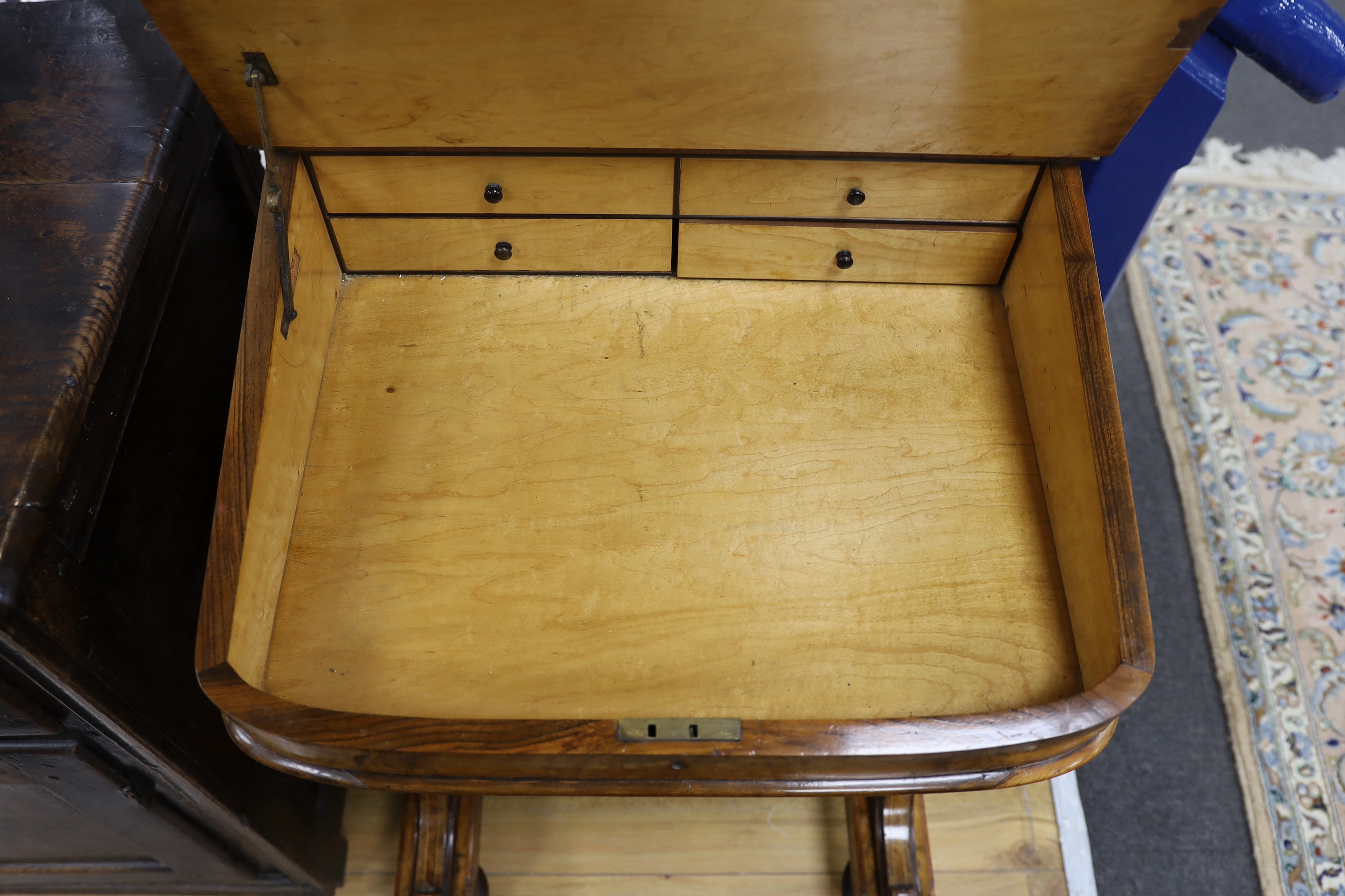 A late Victorian inlaid burr walnut Davenport, width 54cm, depth 54cm, height 88cm
